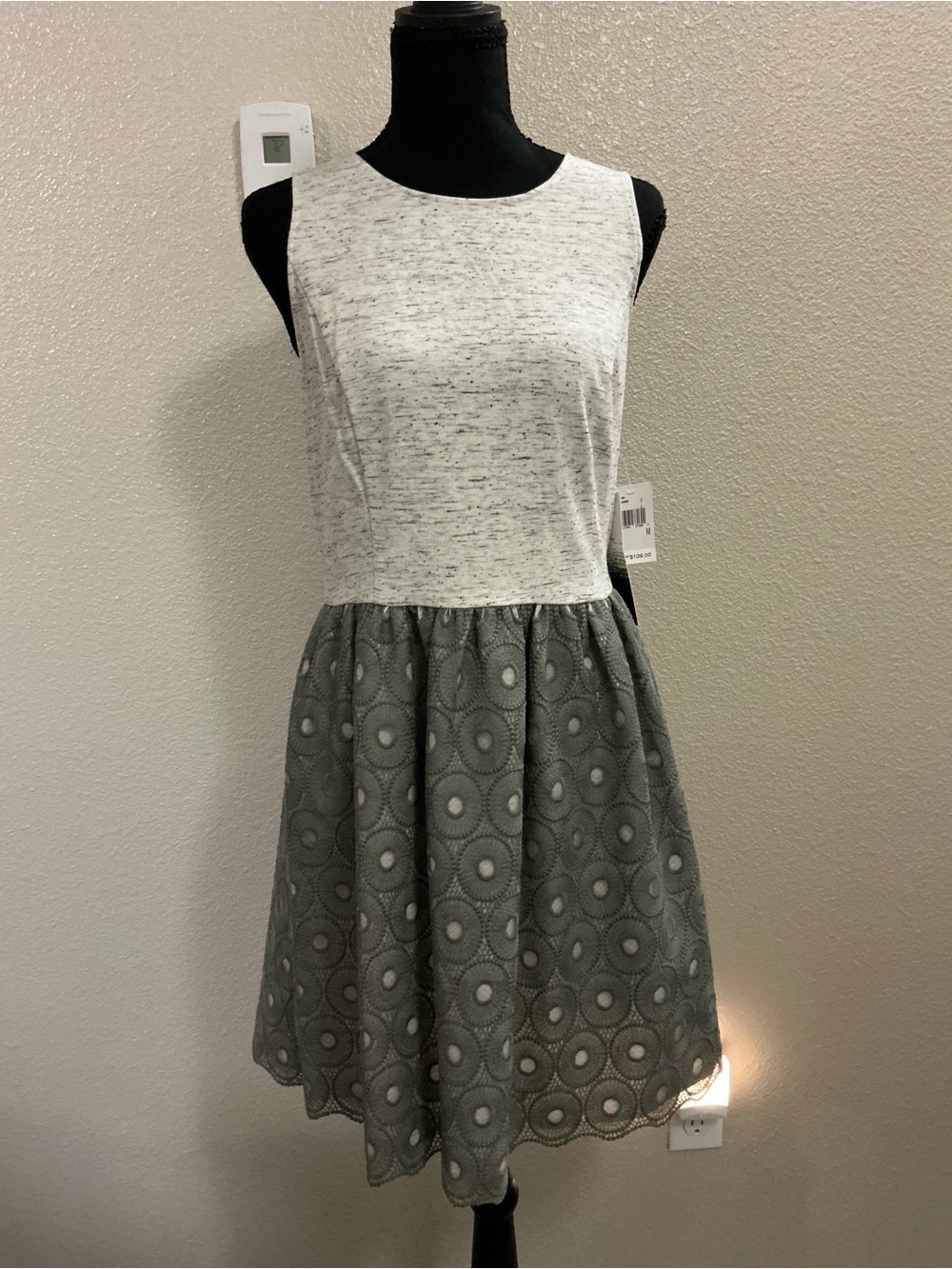 Kensie Sleeveless White Top Gray Eyelet Skirt Maxi Dress